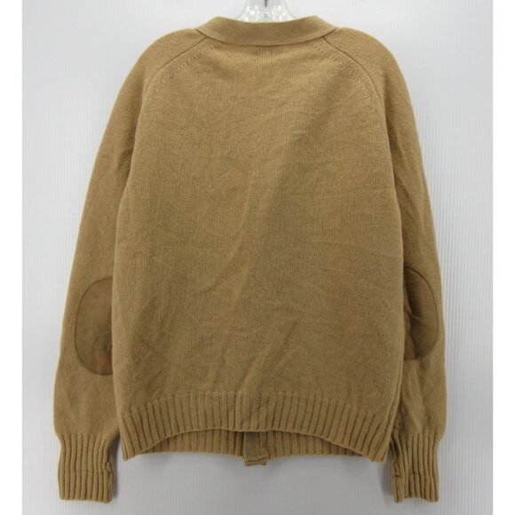 VINTAGE LL Bean Sweater Large 80s Lambswool Camel Leather Cardigan USA - Picture 8 of 14
